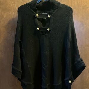 Black Women's Knit poncho with Decorative gold Button Accents